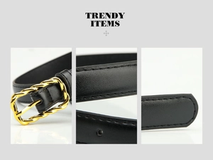 Close-up of black PU leather belt featuring a golden twisted metal buckle and fine stitching