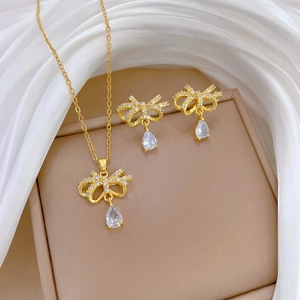 Bowknot Pear Shaped Zircon Necklace And Earrings Titanium Steel Copper Jewelry With Silver Earring Post Elegant Banquet For Women