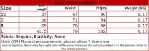 Detailed size chart for women sequin A-line skirt with XS-L dimensions and fabric info