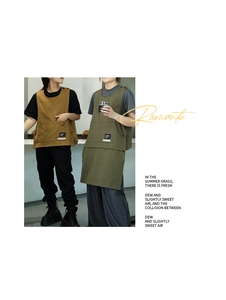 Detailed view of durable khaki and army green work aprons with large functional pockets
