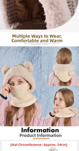 Kids winter integrated fleece hat with bear ears and scarf in beige plush material