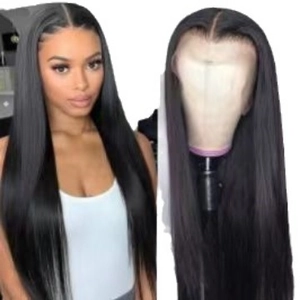 Detailed comparison of long straight black synthetic wig on model and mannequin head