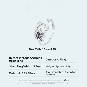S925 sterling silver scorpion open ring featuring purple gemstone and oxidized finish