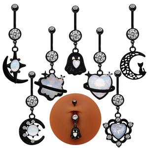 Piercing de Nombril en Alliage de Zinc Noir Gothique Lune Cœur Chat Fantôme Planète Strass Opale Artificielle Bijoux pour Femmes