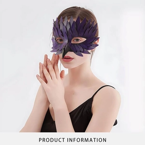 Detailed close-up of premium purple leather and feather textures on a bird mask for masquerades