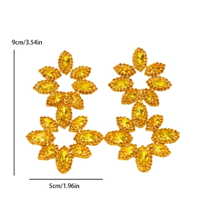 Dramatic flower drop earrings with yellow rhinestones and gold alloy base in 9x5cm size