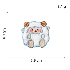 Detailed embroidery patch of cute white cartoon sheep with 5.5cm x 5.9cm size marking