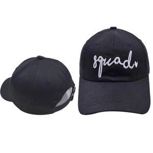 Front and back view of black baseball cap with white squad embroidery and heart