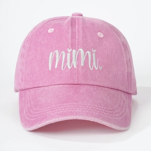 Vintage washed pink baseball cap with mimi embroidery for casual outdoor sun protection