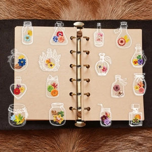 50pcs transparent floral PET stickers in bottle designs for DIY scrapbooking and laptops