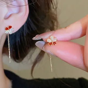 Flower Long Chain Ear Thread Earrings With Silver Earring Post Zircon Copper Gold Plated Red Enamel Elegant For Women