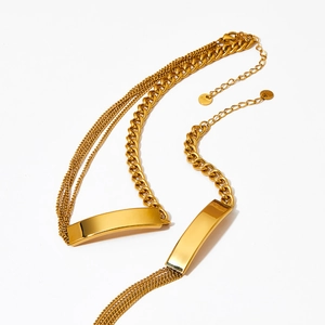Minimalist gold stainless steel layered necklace set with cuban link and bar pendant
