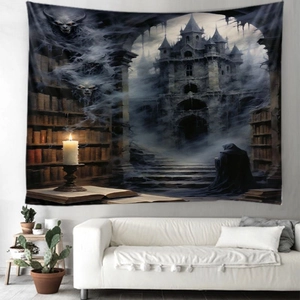Detail view of Halloween gothic castle tapestry showing dark mysterious robed figure