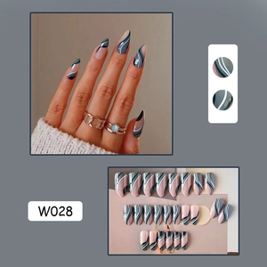 Detail of pink and grey minimalist line art press-on nails set including 24 pieces