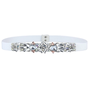 Elegant white elastic waist belt for women with sparkling crystal and rhinestone buckle décor