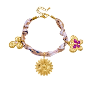 Parure collier et bracelet en ruban avec pendentifs tournesol et papillon plaqué or