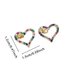 Detailed macro view of heart-shaped colorful zircon earrings with precise size measurements