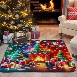Detailed close-up of Christmas flannel mat featuring a festive tree and fireplace scene