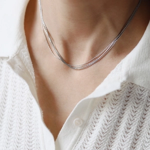 French style multi-layered silver titanium steel necklace with fine shimmering chains