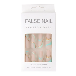 Mint green and gold long ballet press-on nails with wave patterns on nude base
