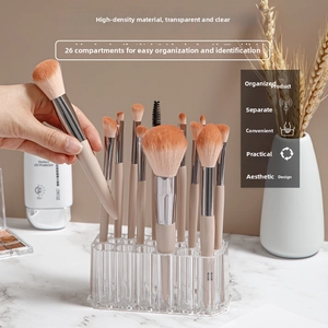 Detailed view of clear acrylic makeup brush holder with 26 holes for pencil storage