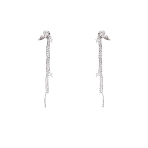 Silver tassel earrings with sparkling rhinestones, flying horse and star pendants