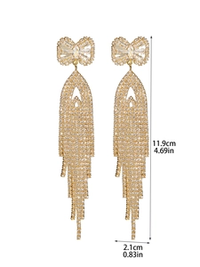 Detail showing dimensions of long gold tassel bow earrings with sparkling cubic zirconia