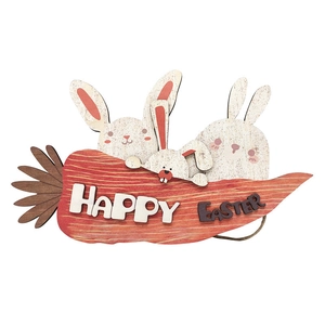 Easter wooden hanging sign featuring three rabbits and Happy Easter carrot design