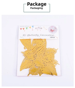 Set of 12 hollow 3D butterfly wall stickers in golden finish packaged with display card