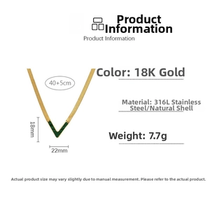 Detailed spec view of 18K gold V-shaped titanium steel necklace with green inlay shell