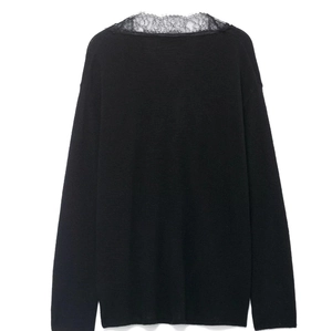 Detail of the elegant black lace patchwork collar on a soft knit wool blend sweater