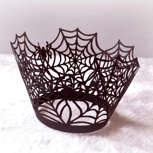 Laser-cut black spider web cupcake liners for Halloween themed party decorations