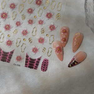 Pink cherry blossom nail decals with gold lines and animal print motifs, Co-536