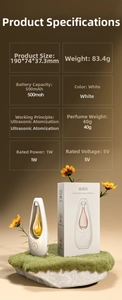 Detail view of white ultrasonic aroma diffuser with 500mAh battery and perfume details