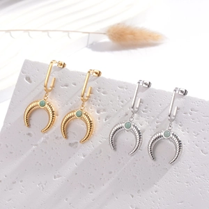 Elegant crescent moon earrings with jade inlay in gold and silver stainless steel finish
