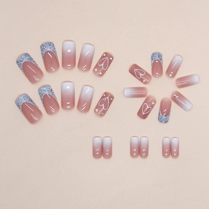 Long square French press-on nails with white gradient, blue glitter and heart designs