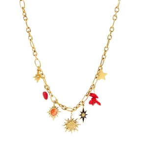 Golden titanium steel necklace with sunflower, star charms and red heart stone pendant