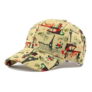 Gorra de béisbol beige con estampados vintage franceses y motivos torre Eiffel