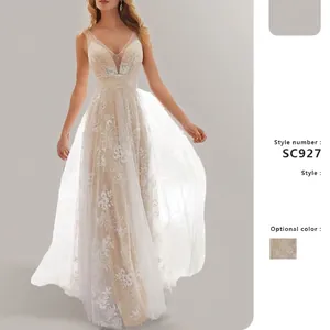 Women Sexy V Neck Sleeveless Lace Wedding Dress Elegant Floral Embroidery Long Maxi Bridal Gown For Banquet Party Wedding Gown
