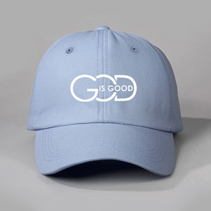 Light blue cotton baseball cap with white GOD IS GOOD interlocking print design