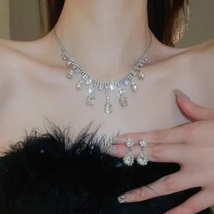 Luxury Rhinestone Tassel Necklace Earring Jewelry For Women Copper Geometric Zircon Evening Wedding Party Vintage Style