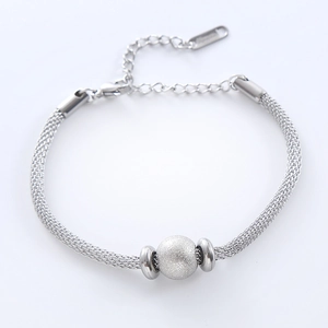 Minimalist silver mesh stainless steel bracelet with a frosted center bead on white background