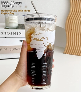 Close-up of 1000ml glass cup with world map print, metal straw and sealed lid details