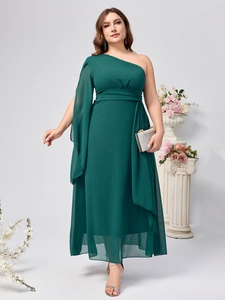 Elegant dark green one-shoulder chiffon maxi dress with flowing cape sleeve for curvy women