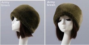 Detailed view of an army green faux fur winter hat for elderly women with thick plush lining