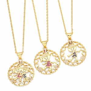Cartoon Boy Girl Figure Pendant Necklace Gold Plated Copper Heart Hollow Design Inlaid Colorful Zircon Jewelry For Women