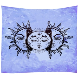 Detail of bohemian sun and moon tapestry with purple watercolor gradient and stars