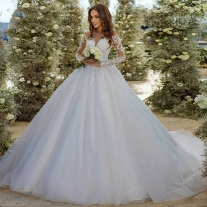 Elegant Long Sleeve Lace Wedding Dress V Neck Mesh Tulle Ball Gown With Train Floral Applique Bridal Gown For Women