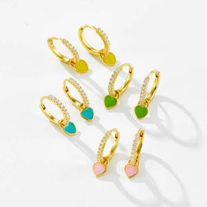 Boucles d'oreilles cœur en argent S925, couleurs jaune, vert, bleu et rose avec zircons brillants