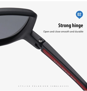 Detailed macro view of the TR90 sunglasses metal hinge and polarized model text